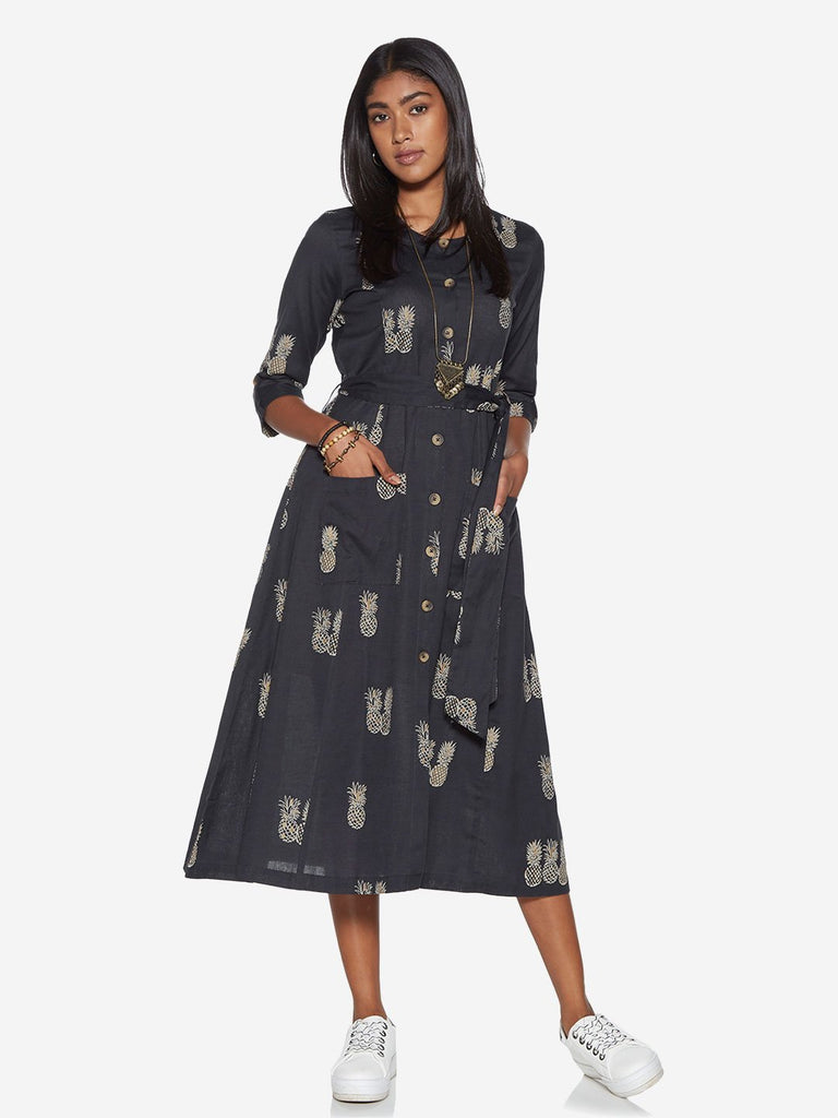 Bombay Paisley Navy Pineapple Print Belted Dress
