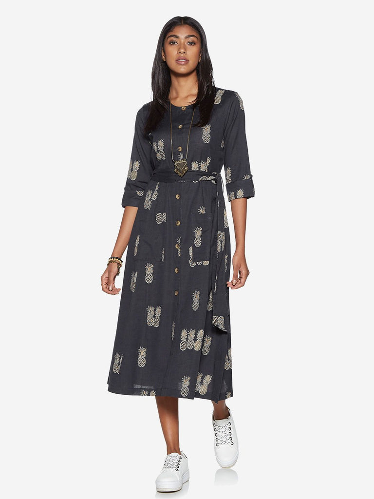 Bombay Paisley Navy Pineapple Print Belted Dress