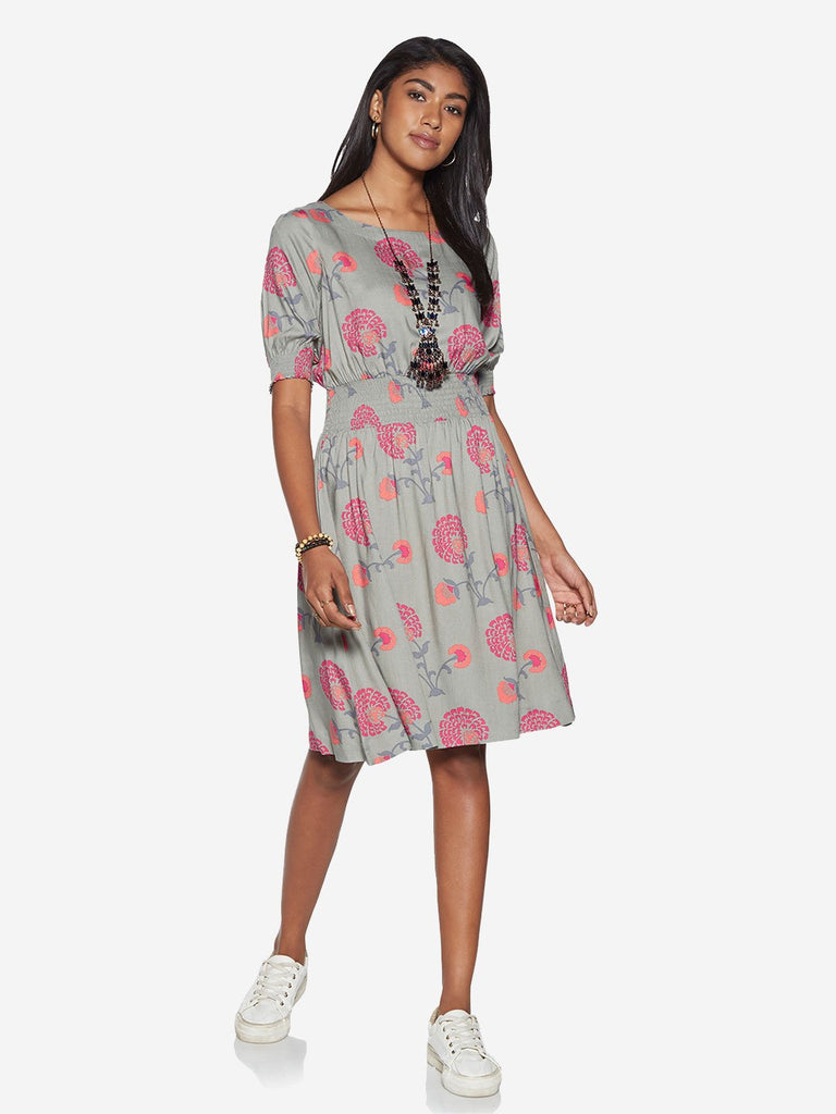 Bombay Paisley Grey Floral Fit-And-Flare Dress