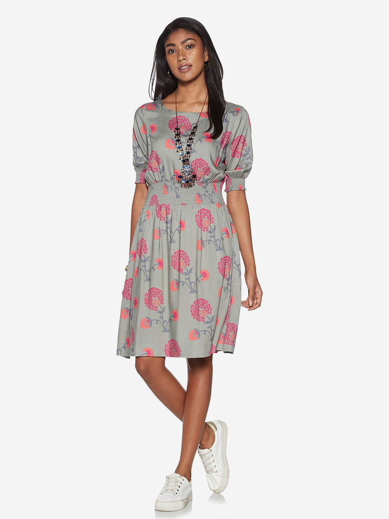 Bombay Paisley Grey Floral Fit-And-Flare Dress