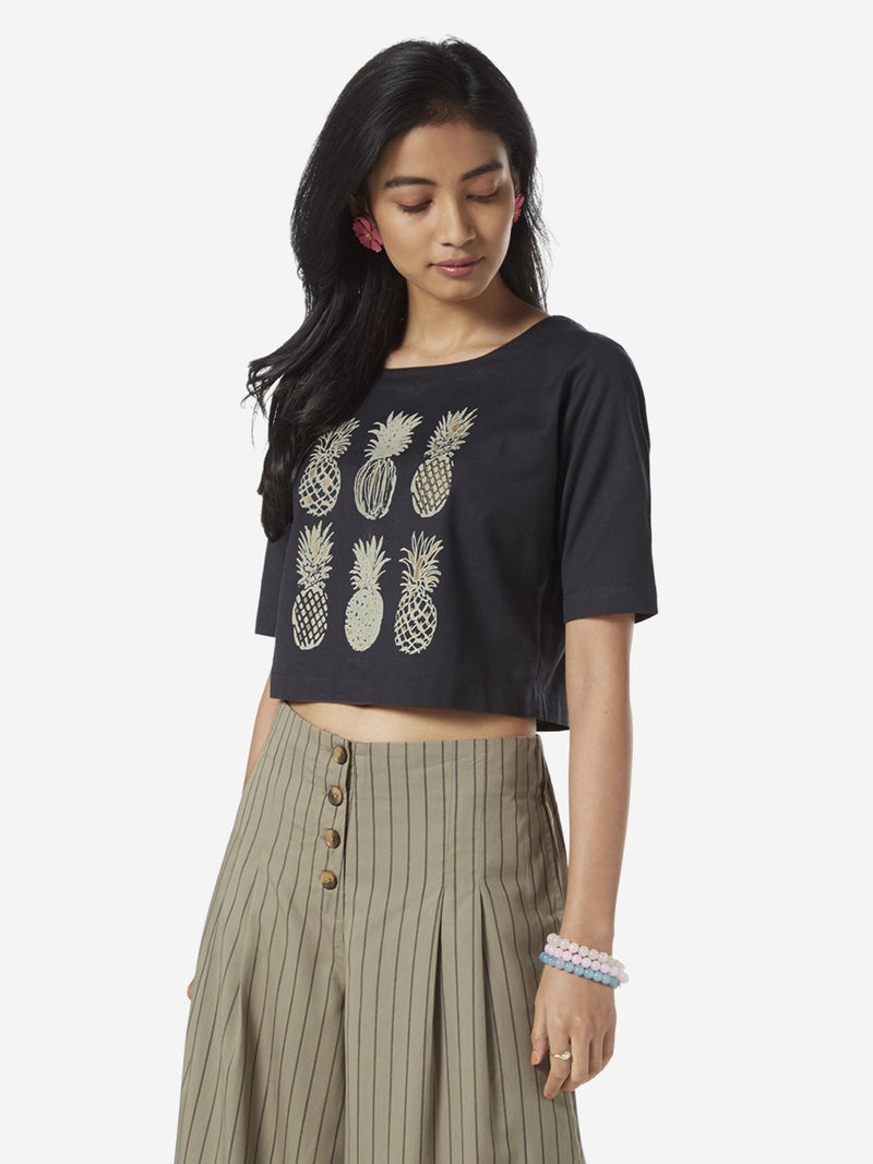 Bombay Paisley Charcoal Pineapple Print Crop-Top