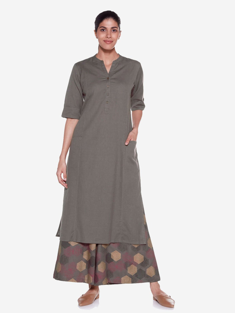Utsa Grey Cotton-Linen Straight Kurta
