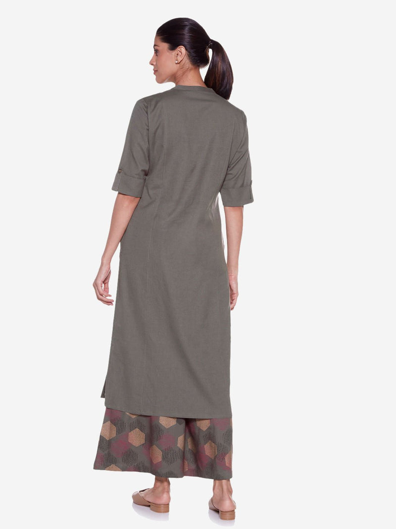 Utsa Grey Cotton-Linen Straight Kurta