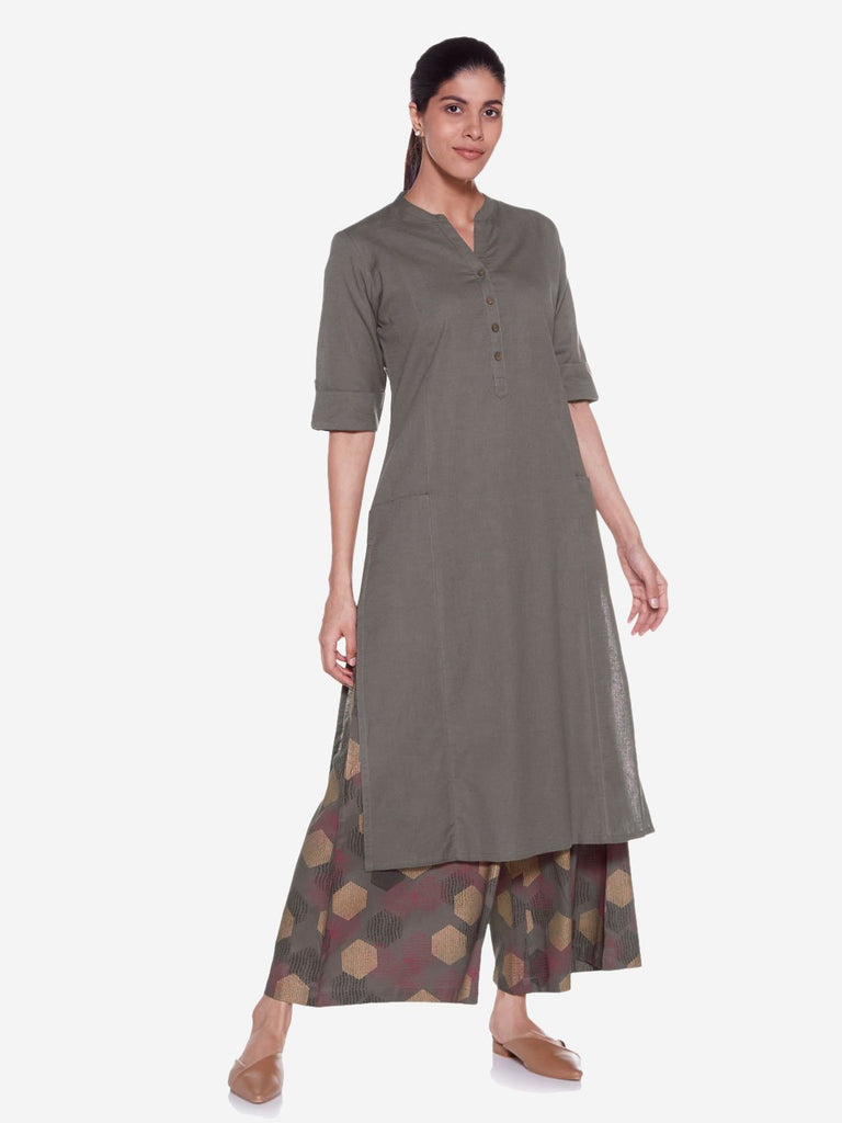 Utsa Grey Cotton-Linen Straight Kurta