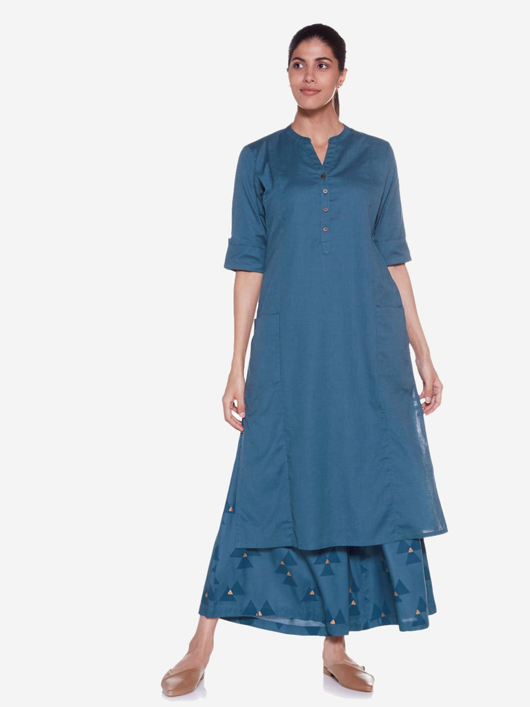 Utsa Teal Cotton-Linen Straight Kurta