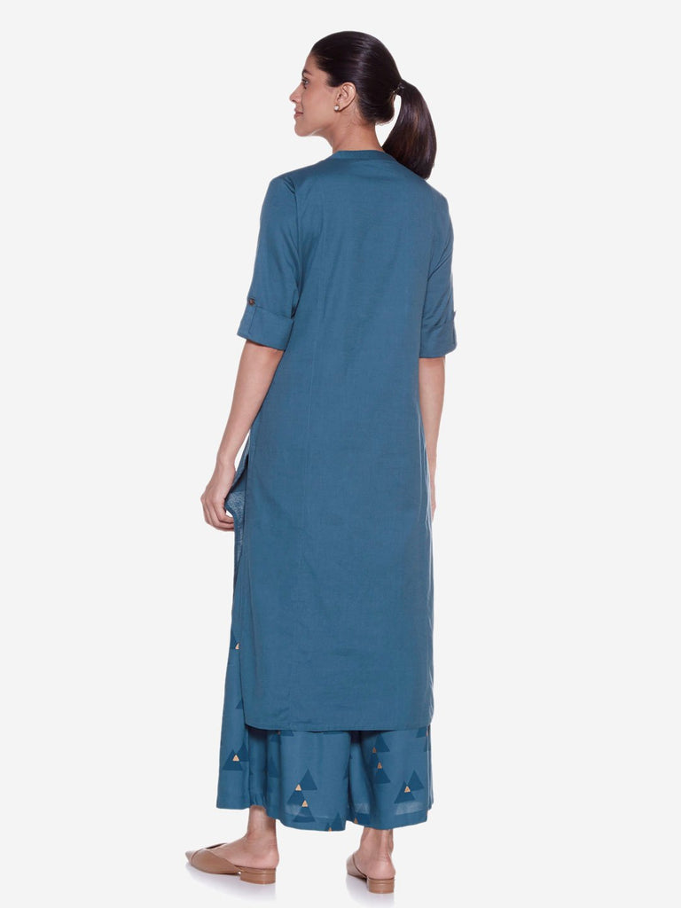 Utsa Teal Cotton-Linen Straight Kurta