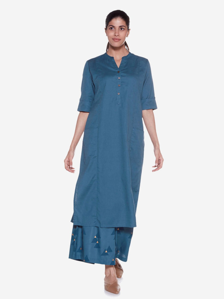 Utsa Teal Cotton-Linen Straight Kurta