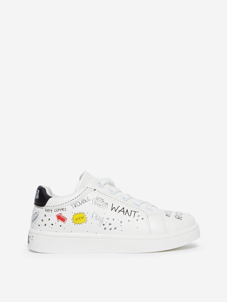 Yellow Kids White Graffiti Patterned Sneakers