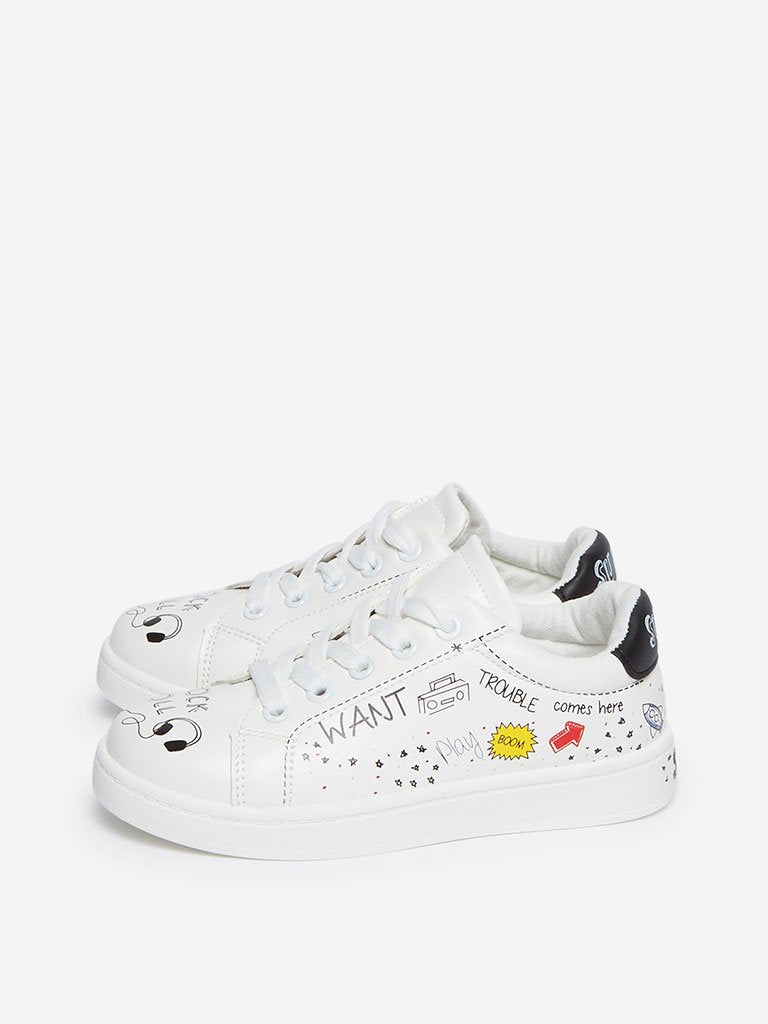Yellow Kids White Graffiti Patterned Sneakers