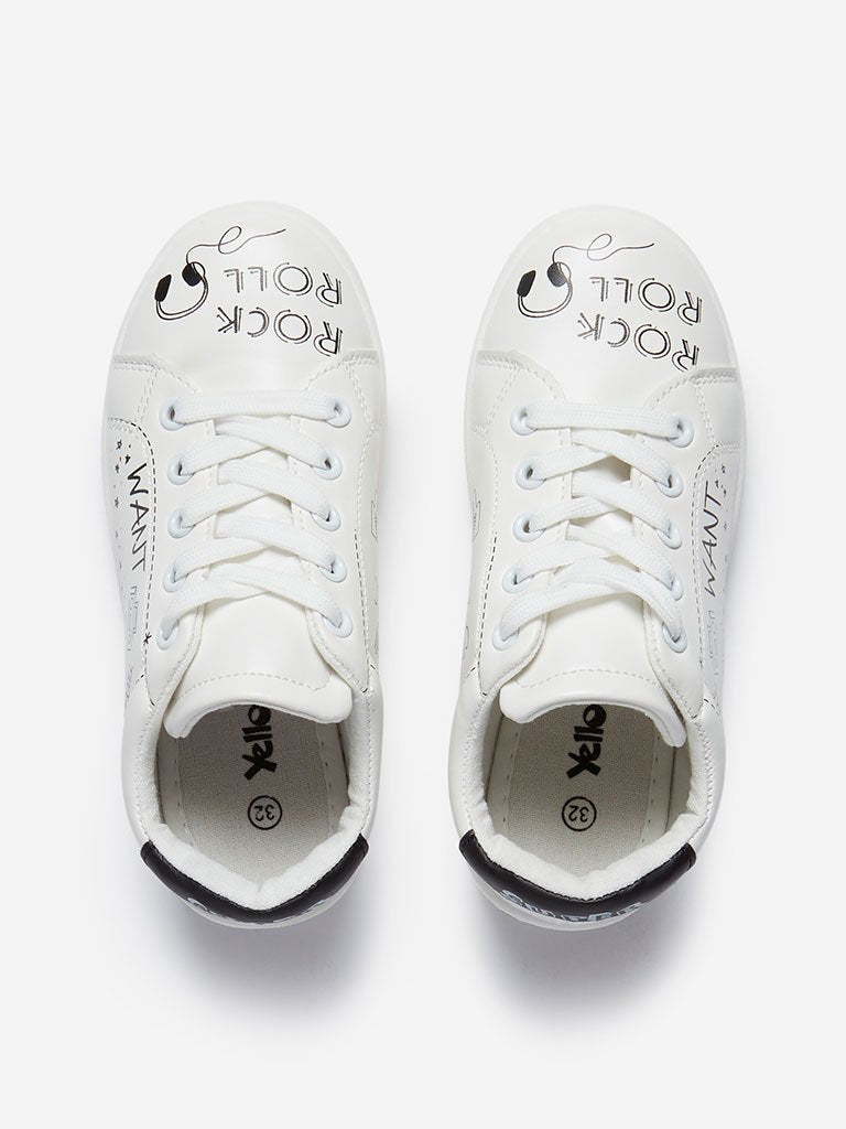 Yellow Kids White Graffiti Patterned Sneakers