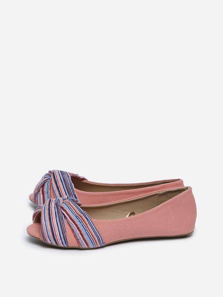 Yellow Peach Striped Peep-toe Flats