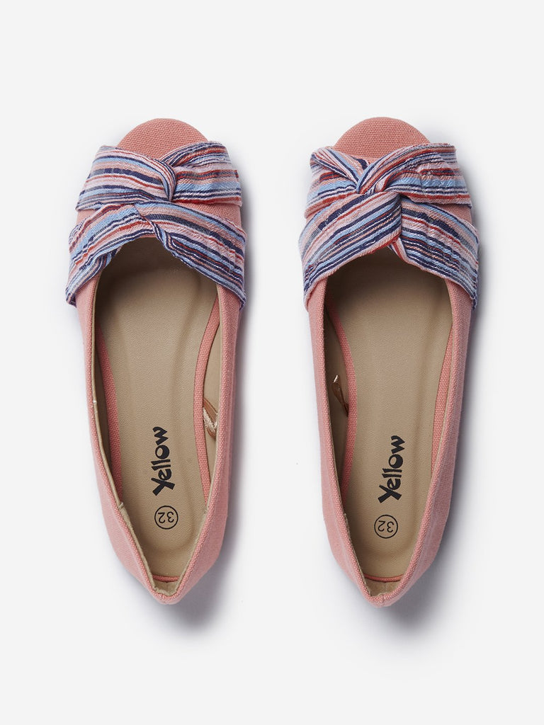 Yellow Peach Striped Peep-toe Flats