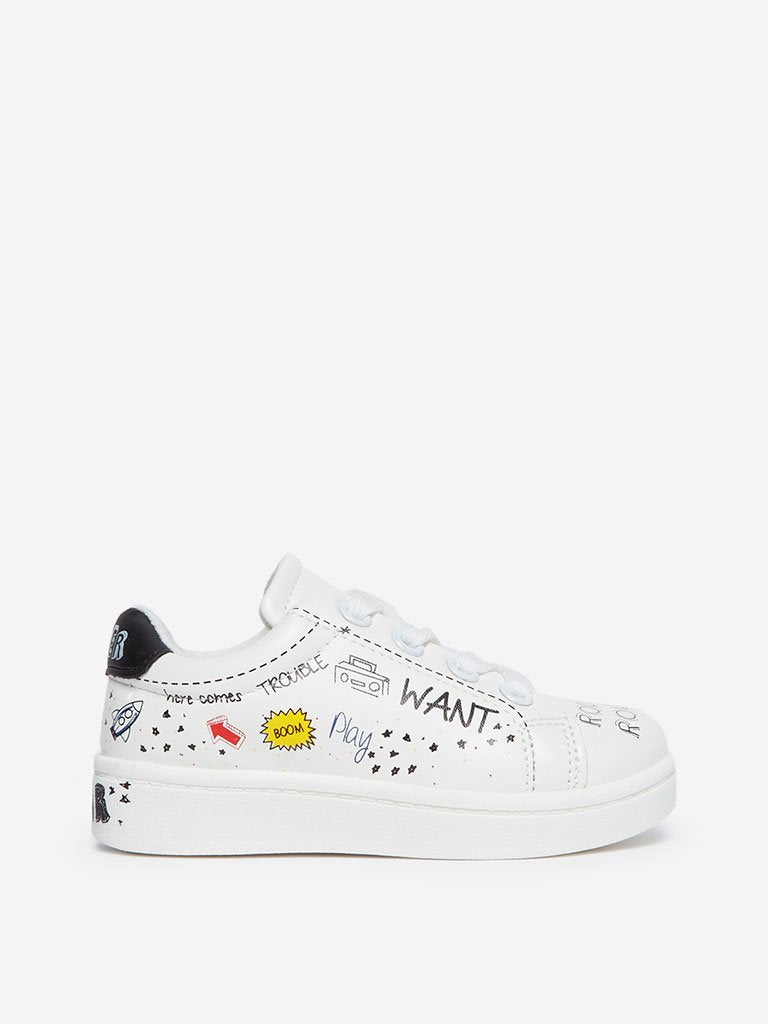 Yellow Kids White Graffiti Patterned Sneakers