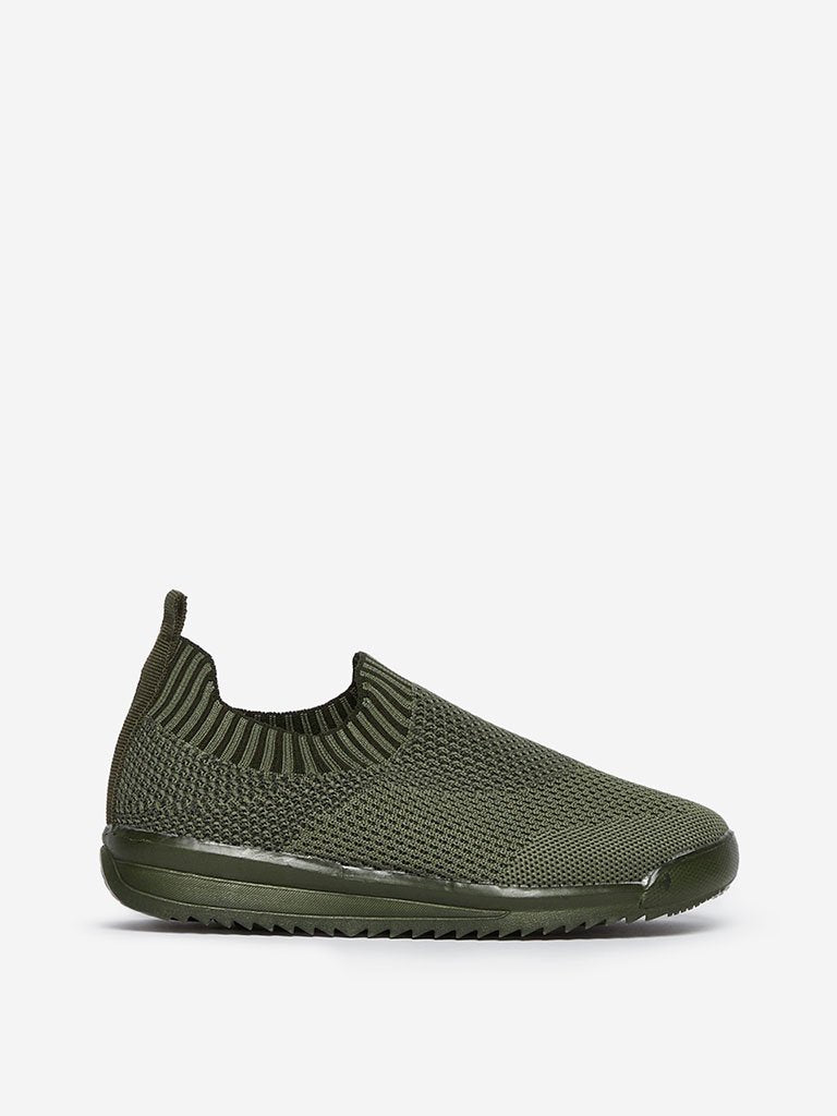 Yellow Kids Olive Knit Slip-On Sneakers