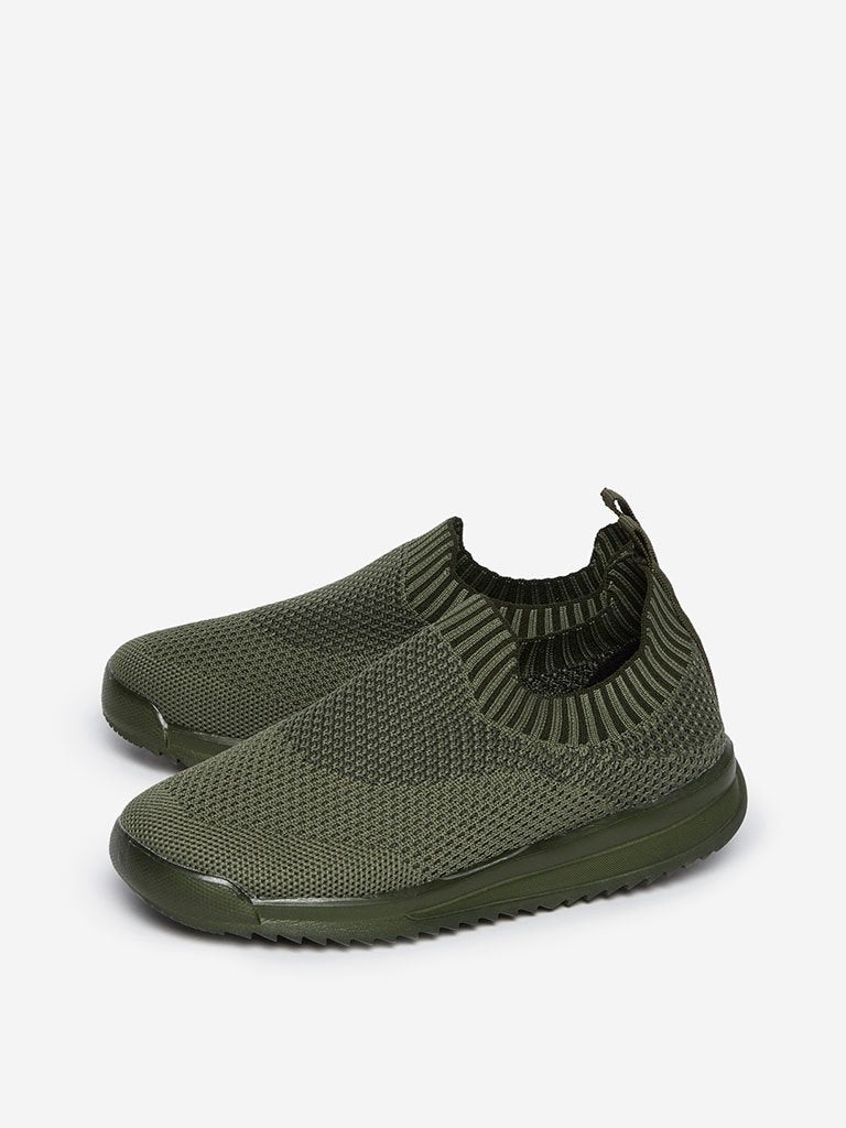 Yellow Kids Olive Knit Slip-On Sneakers