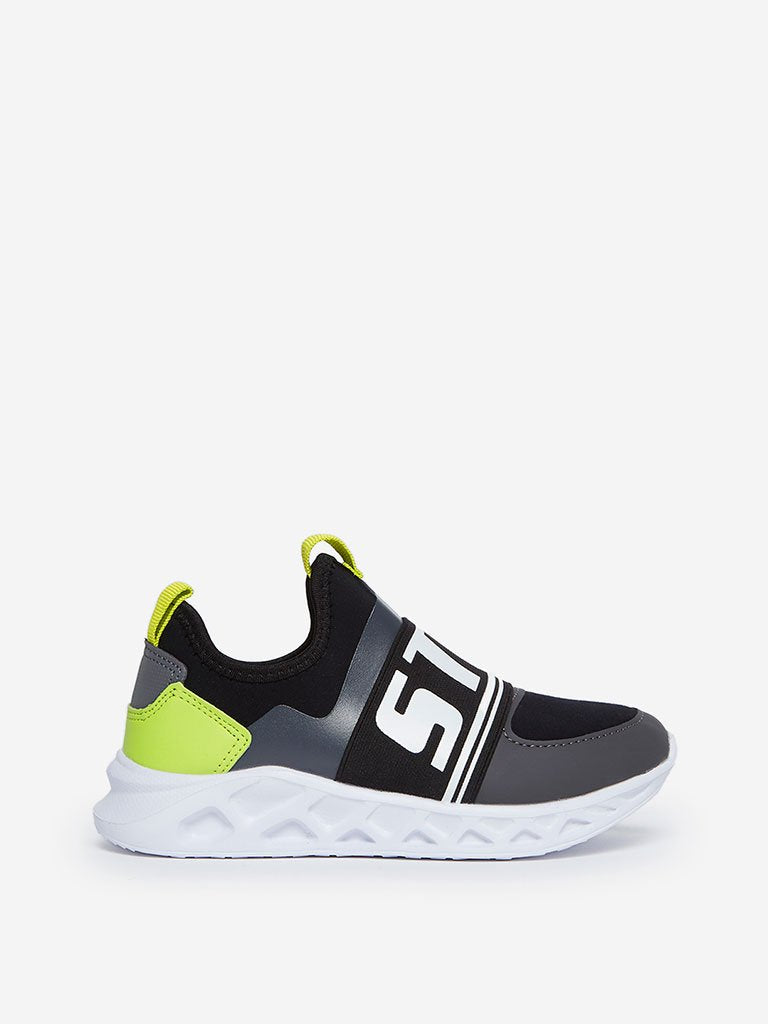 Yellow Kids Black Text Pattern Sneakers