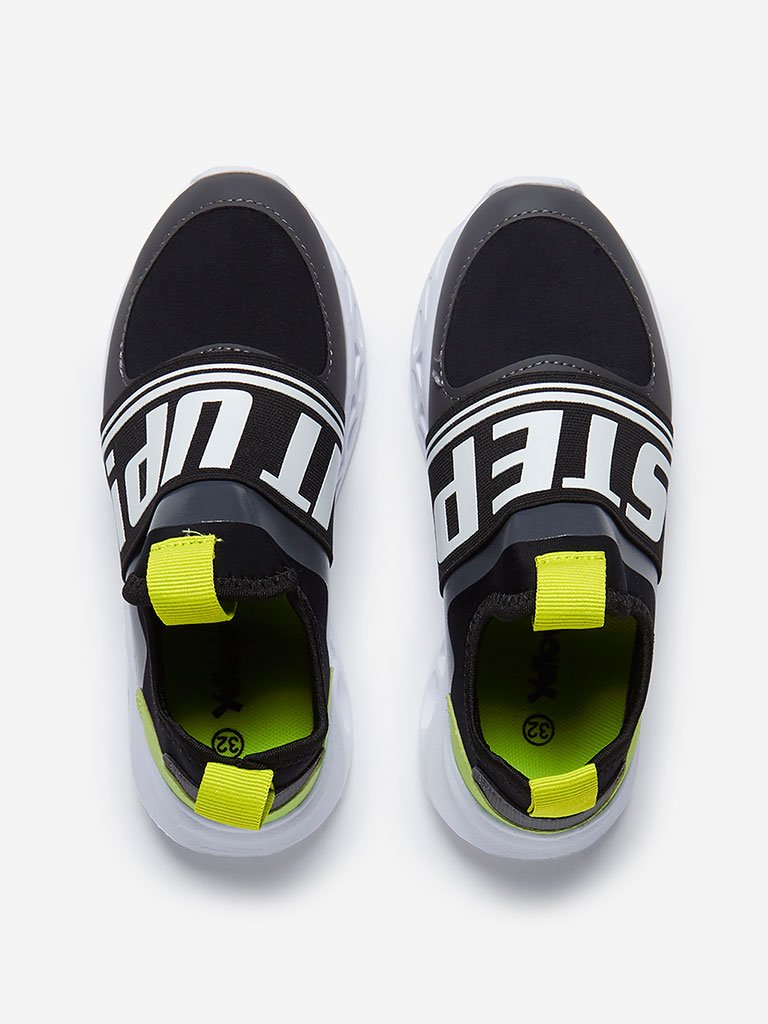 Yellow Kids Black Text Pattern Sneakers