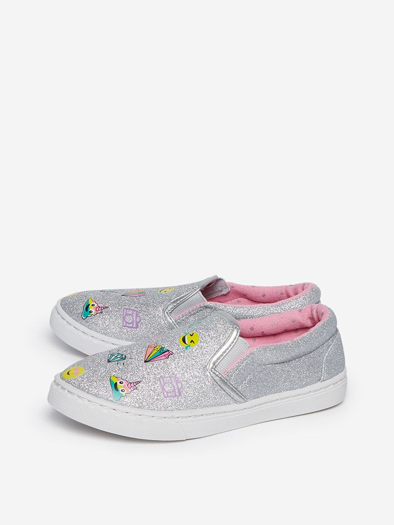 Yellow Kids Silver Glittering Slip-On Shoes