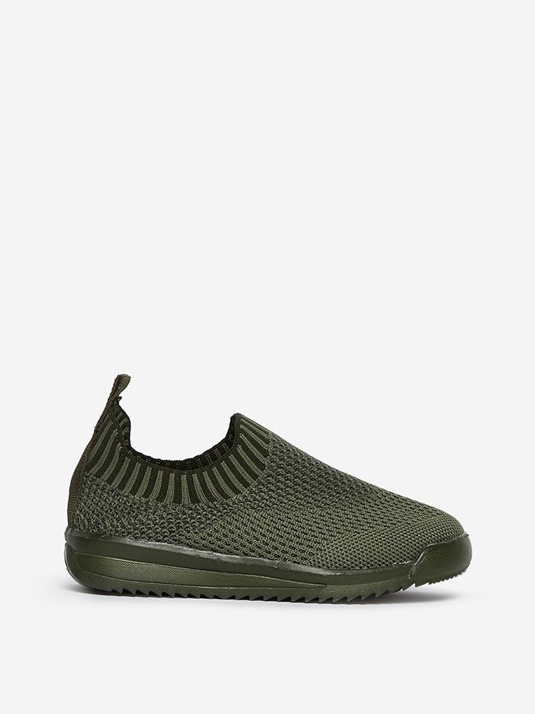 Yellow Kids Olive Knit Slip-On Sneakers