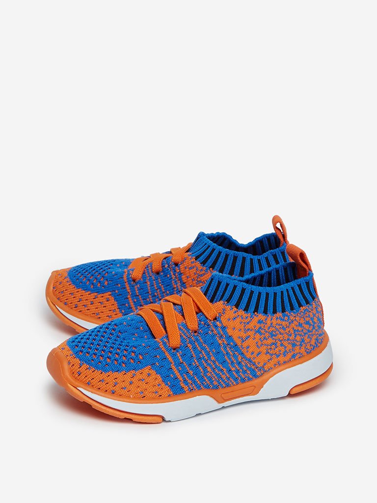 Yellow Kids Blue Knitted Lace-Up Sneakers