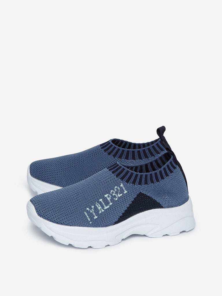 Yellow Kids Blue Knitted Slip-On Loafers