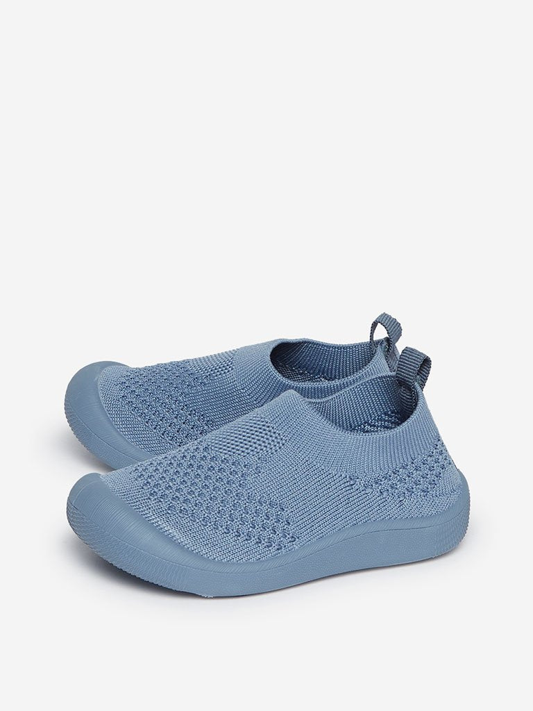 Yellow Kids Blue Knit Slip-On Shoes