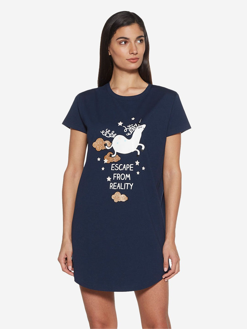 Wunderlove Navy Unicorn Pure Cotton Nightdress