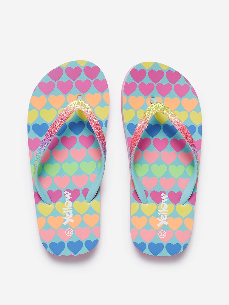 Yellow Kids Multicolour Heart Print Flip-Flops