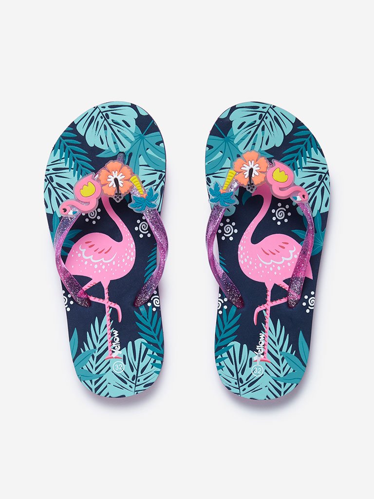 Yellow Navy Flamingo Flip-Flops