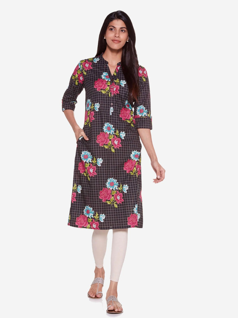 Utsa Black Pure Cotton Floral Straight Kurta