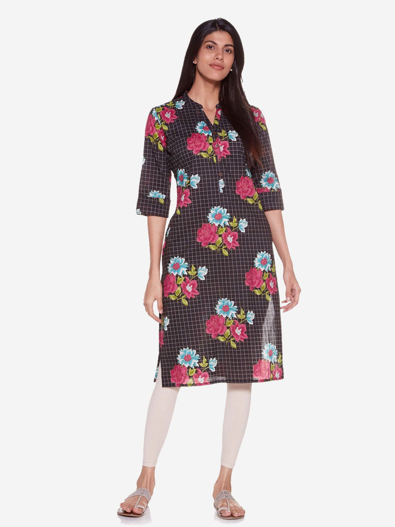 Utsa Black Pure Cotton Floral Straight Kurta