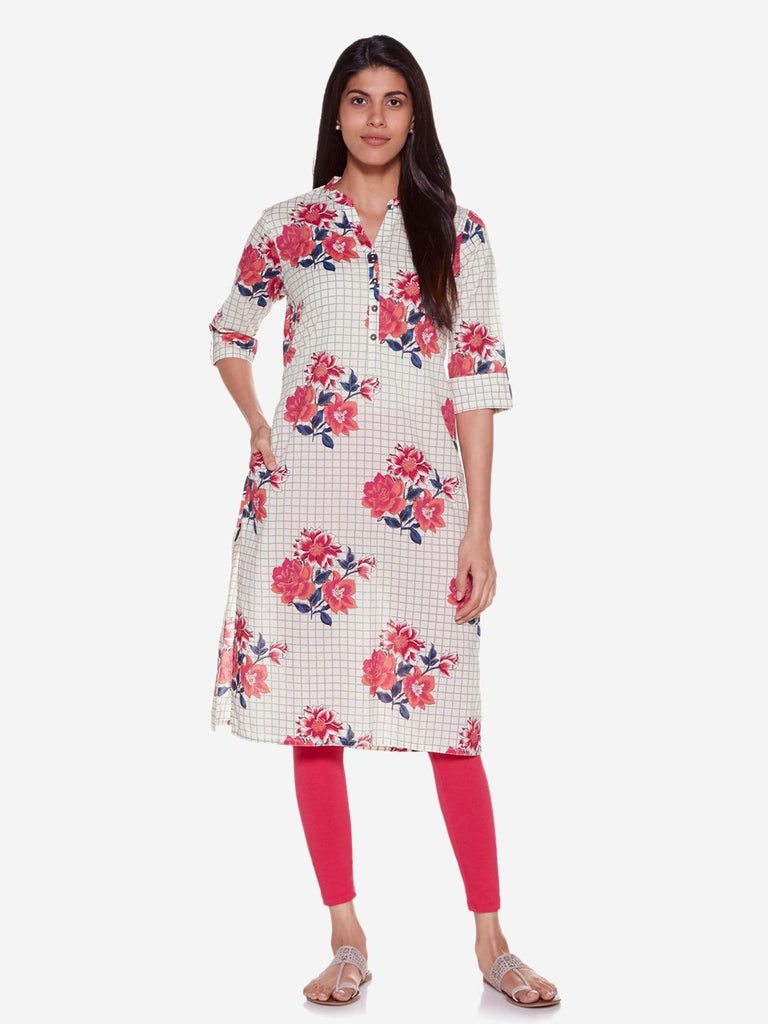 Utsa Off White Pure Cotton Floral Straight Kurta