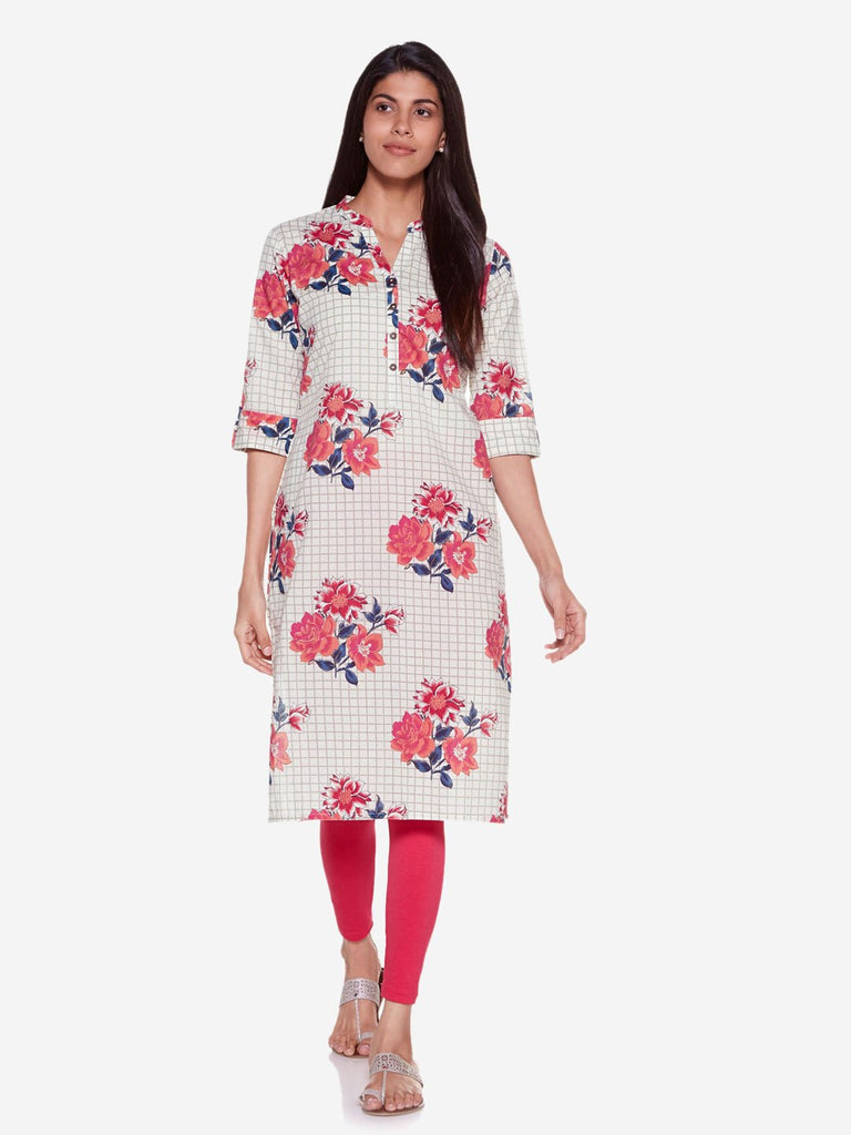 Utsa Off White Pure Cotton Floral Straight Kurta