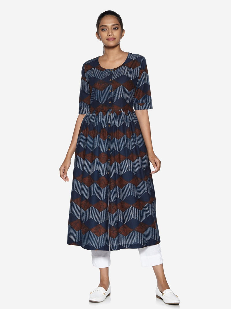 Utsa Indigo Chevron Print Fit-And-Flare Kurta