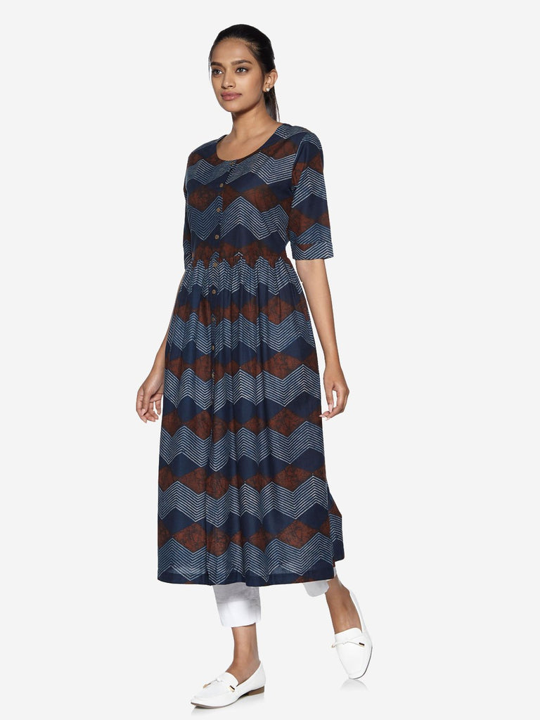 Utsa Indigo Chevron Print Fit-And-Flare Kurta