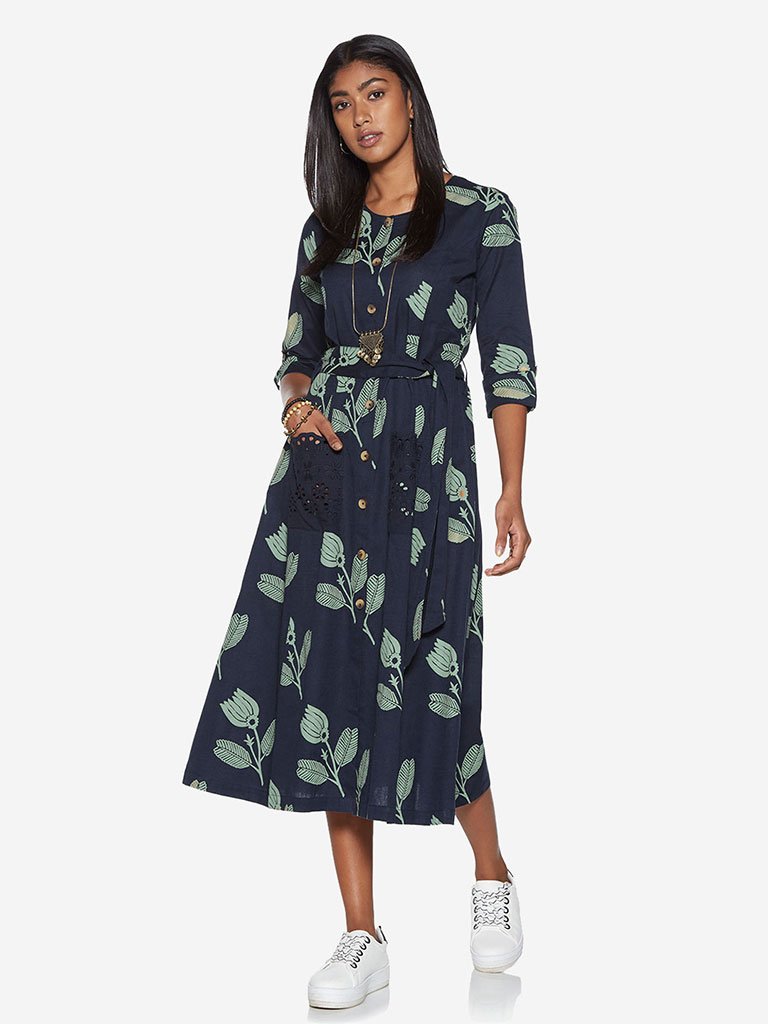 Bombay Paisley Navy Floral Print Belted Dress