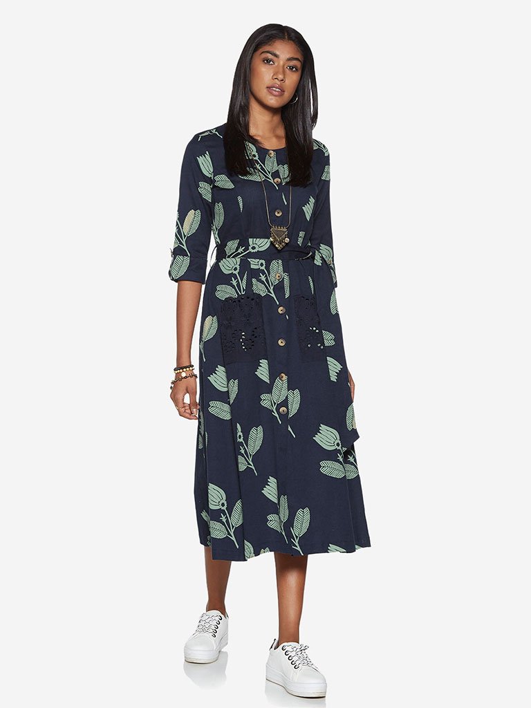 Bombay Paisley Navy Floral Print Belted Dress