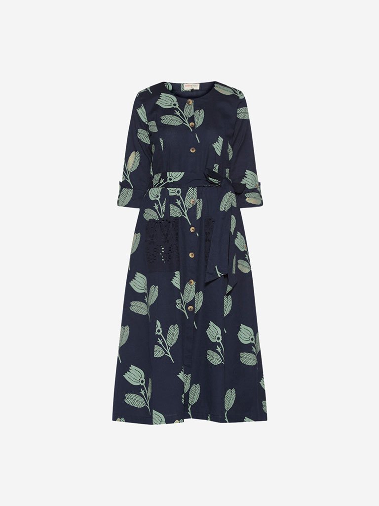Bombay Paisley Navy Floral Print Belted Dress
