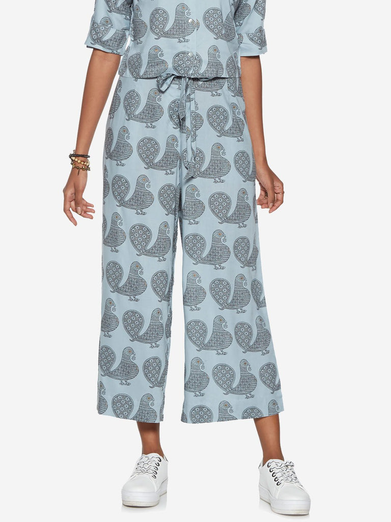 Bombay Paisley Blue Bird Print Belted Palazzos