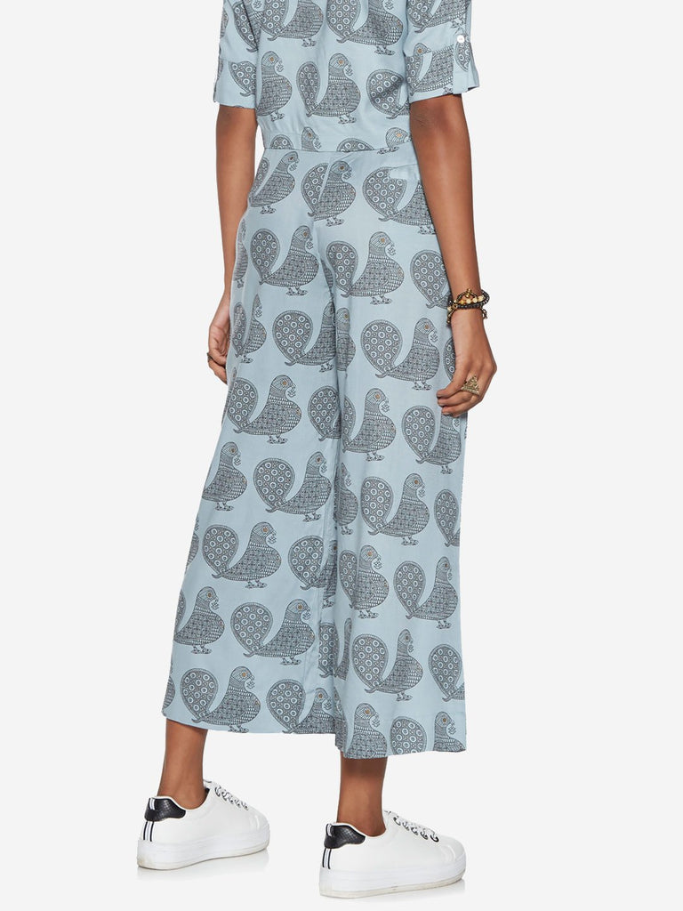 Bombay Paisley Blue Bird Print Belted Palazzos