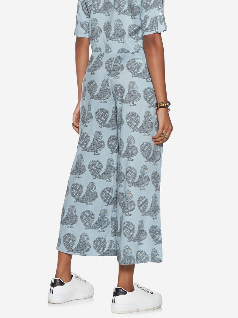 Bombay Paisley Blue Bird Print Belted Palazzos