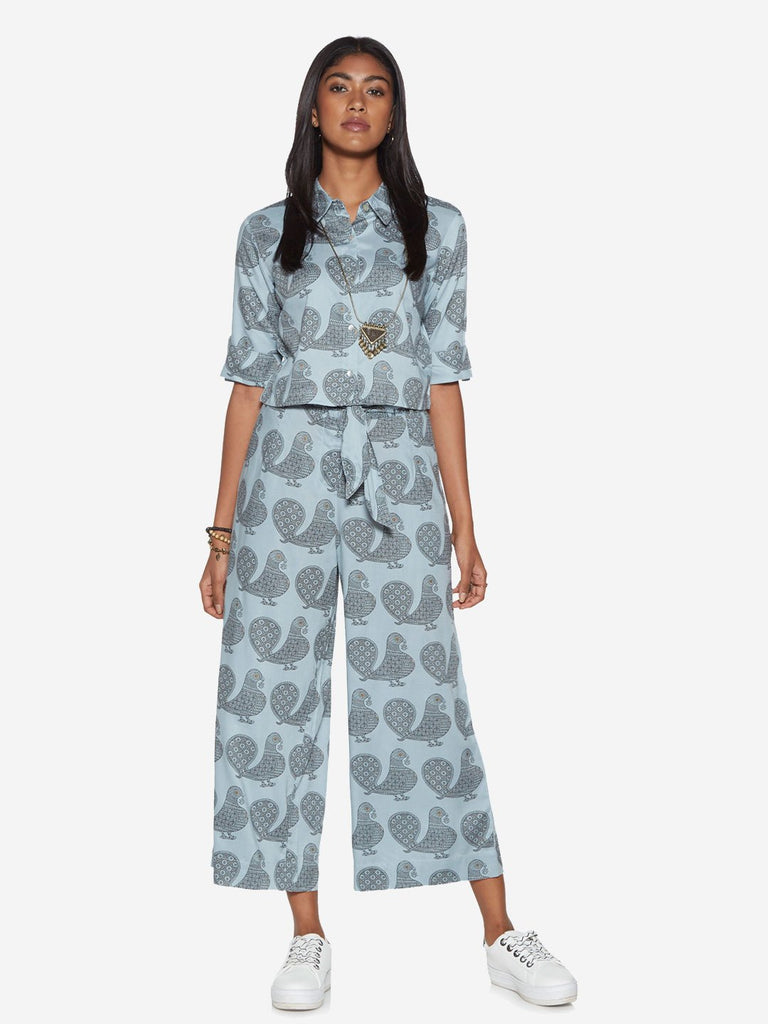 Bombay Paisley Blue Bird Print Belted Palazzos