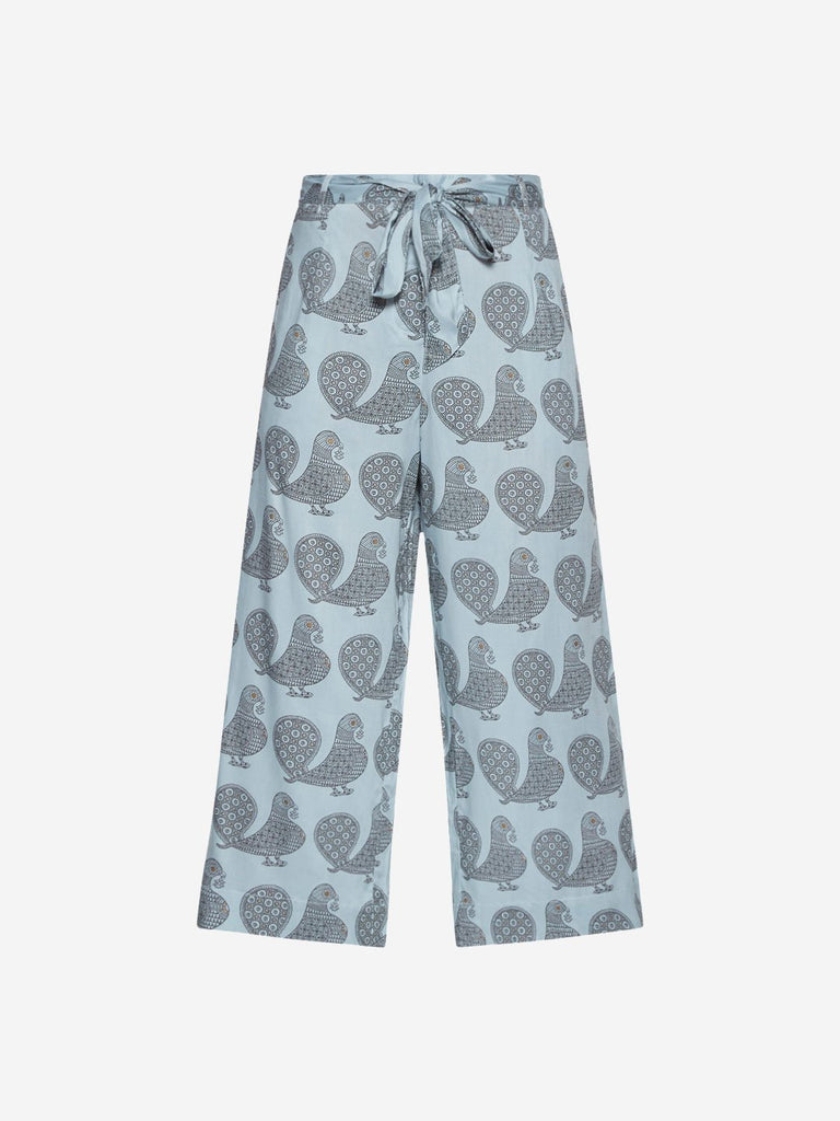 Bombay Paisley Blue Bird Print Belted Palazzos