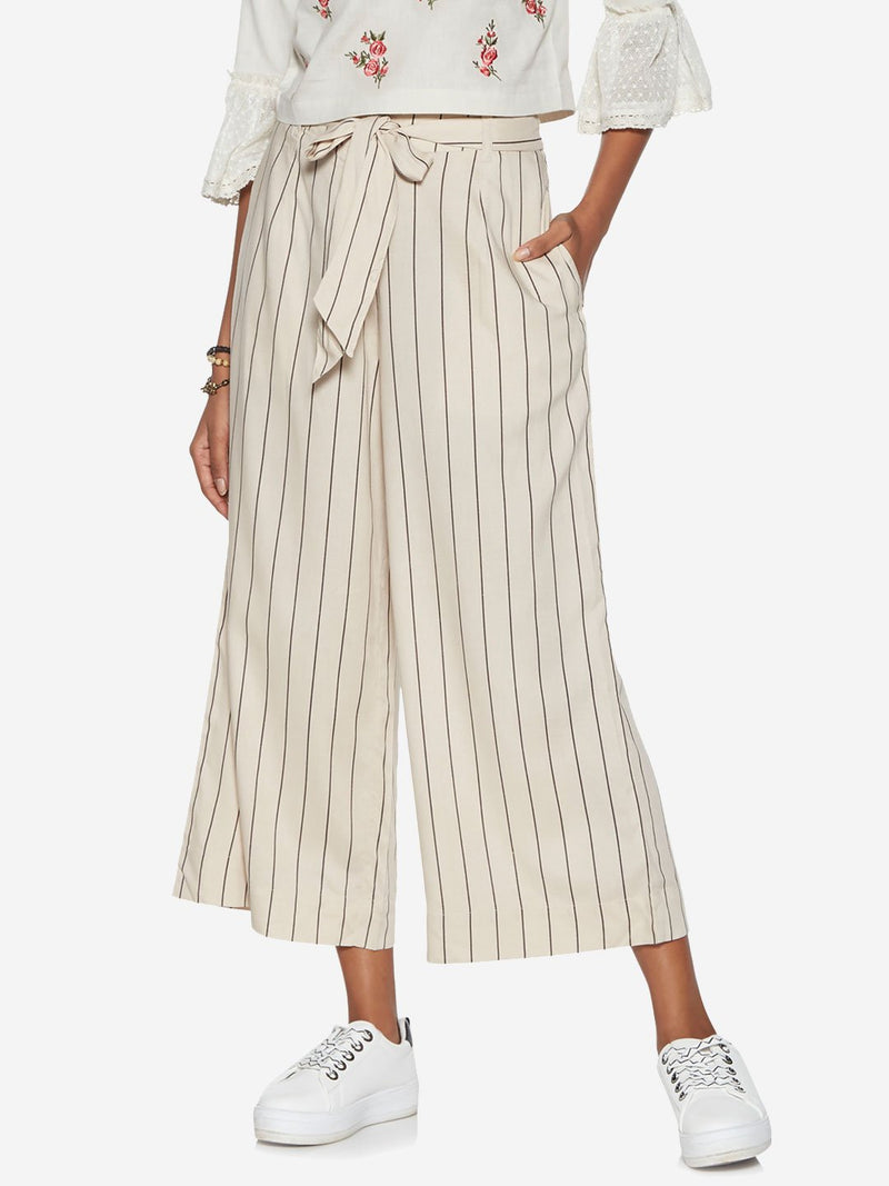 Bombay Paisley Off White Striped Belted Palazzos