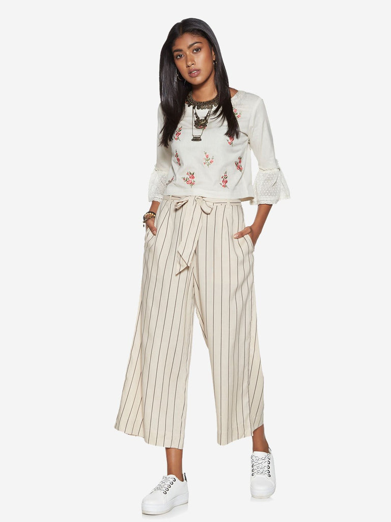 Bombay Paisley Off White Striped Belted Palazzos