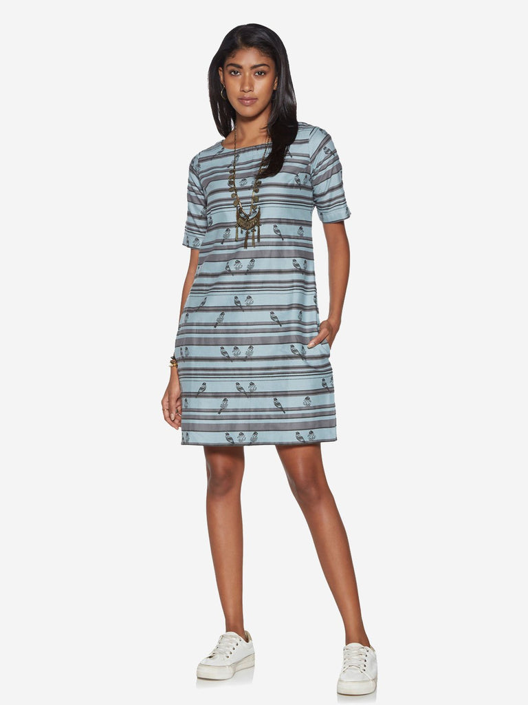 Bombay Paisley Blue Stripe and Bird Print Dress