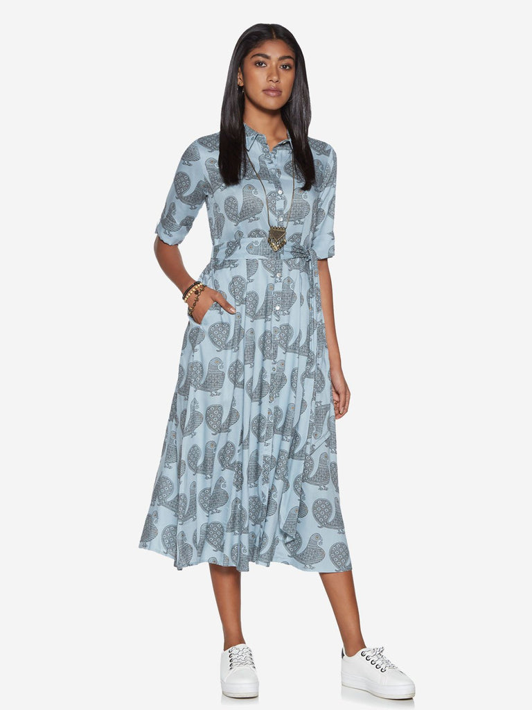 Bombay Paisley Blue Bird Print Belted Shirtdress