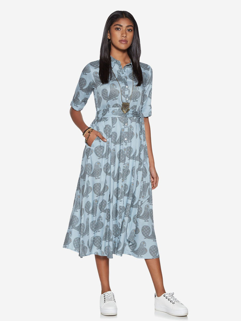 Bombay Paisley Blue Bird Print Belted Shirtdress