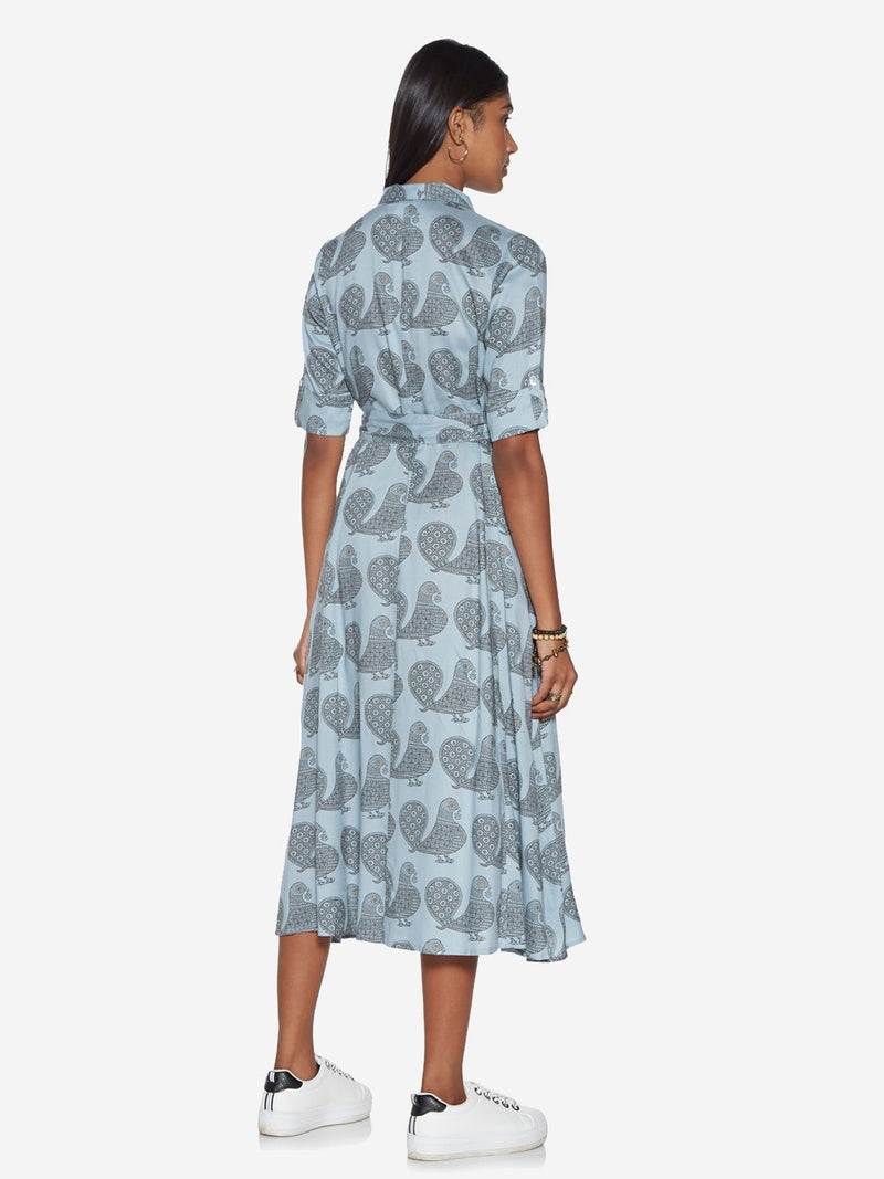 Bombay Paisley Blue Bird Print Belted Shirtdress