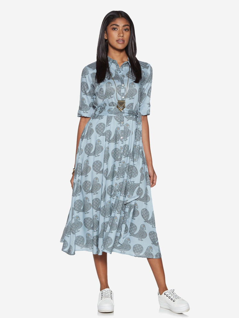 Bombay Paisley Blue Bird Print Belted Shirtdress
